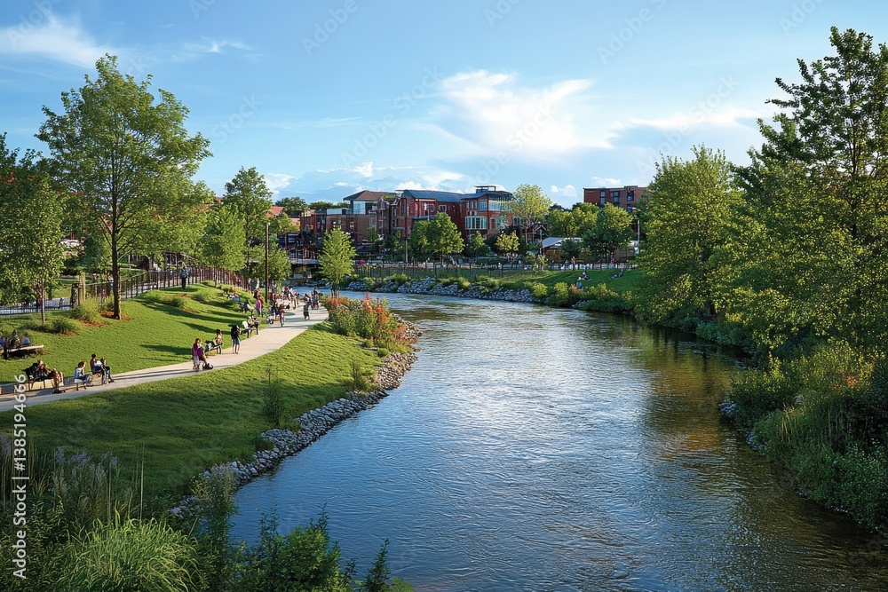 People enjoying a riverside park with lush green trees and water People enjoying a riverside park with lush green trees and water