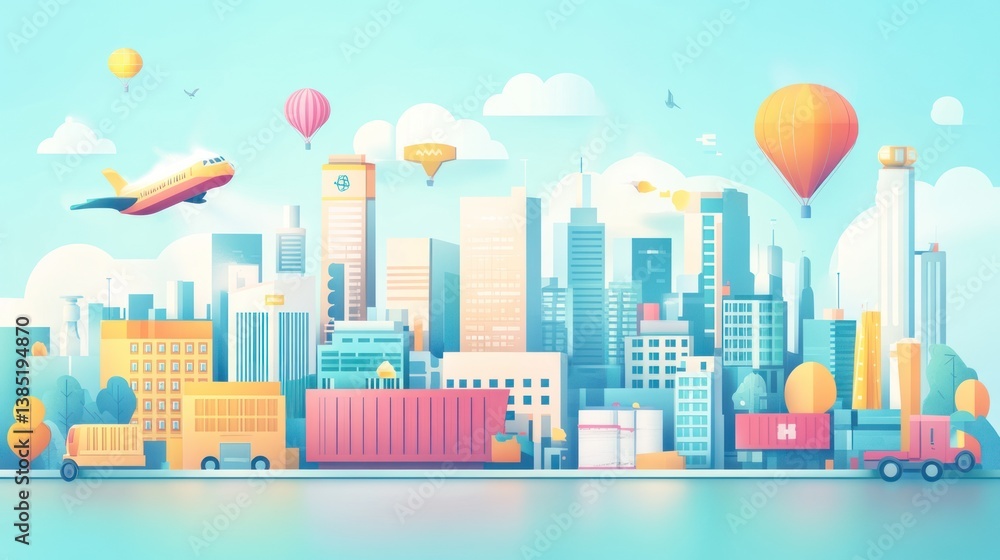 Colorful city skyline with air travel and cargo, urban landscape Colorful city skyline with air travel and cargo, urban landscape