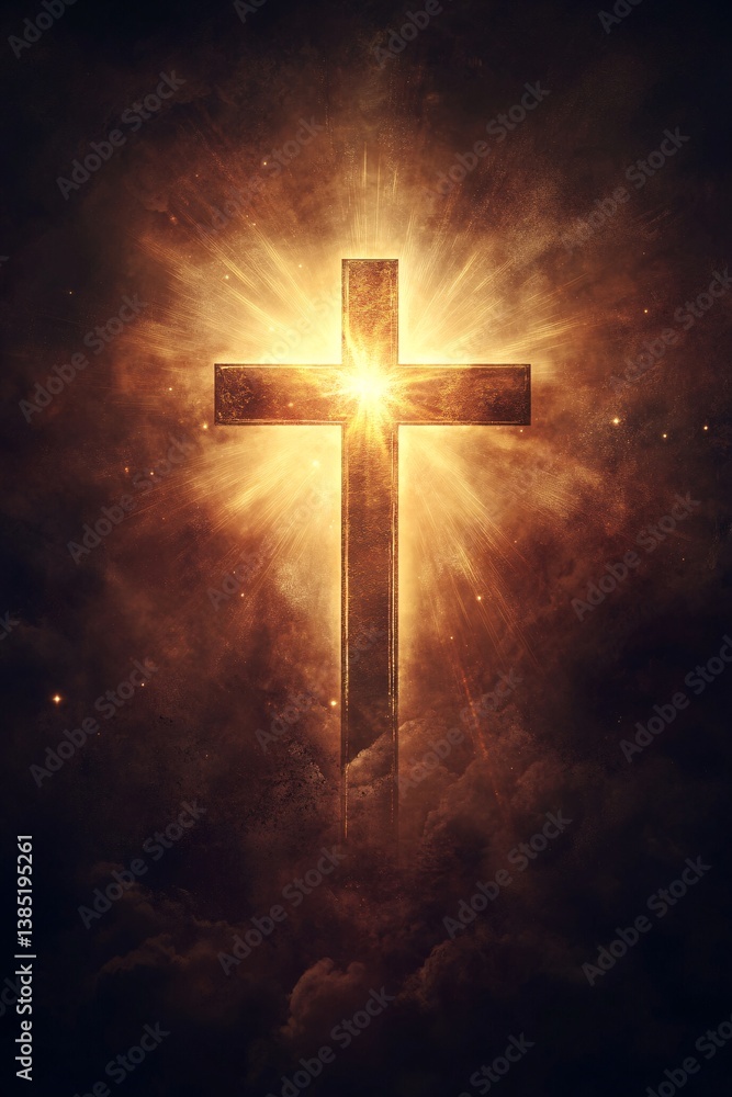 Fototapeta premium Christian cross shining with bright light in cloudy sky