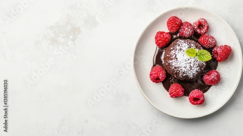 A dessert plate with molten chocolate cake and berries. Featuring decadence and elegance