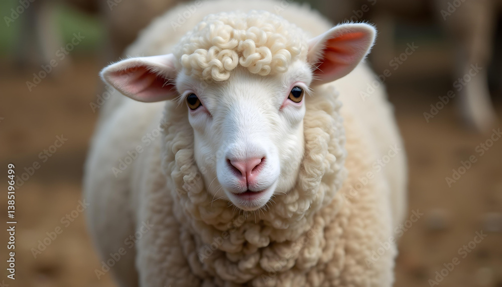 Obraz premium Close-up of a white Qurbani sheep with thick wool on straw, soft barn backdrop, symbolizing cultural tradition.