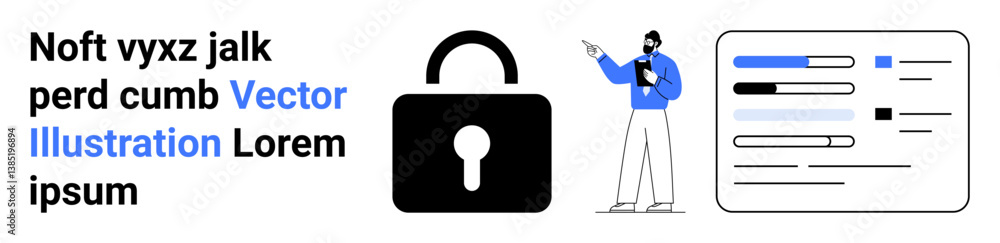 Padlock representing security, man delivering a presentation, and digital data dashboard. Ideal for cybersecurity, data privacy, technology systems, information access, user interface, presentations Padlock representing security, man delivering a presentation, and digital data dashboard. Ideal for cybersecurity, data privacy, technology systems, information access, user interface, presentations