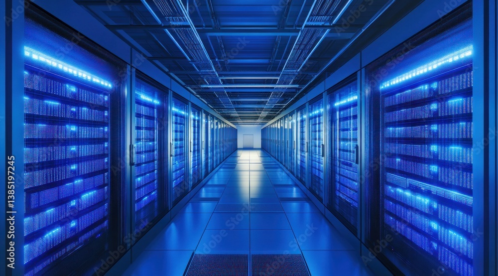 Rows of servers fill this data center, showcasing advanced technology and efficient design, illuminated by vibrant blue LED lights Rows of servers fill this data center, showcasing advanced technology and efficient design, illuminated by vibrant blue LED lights