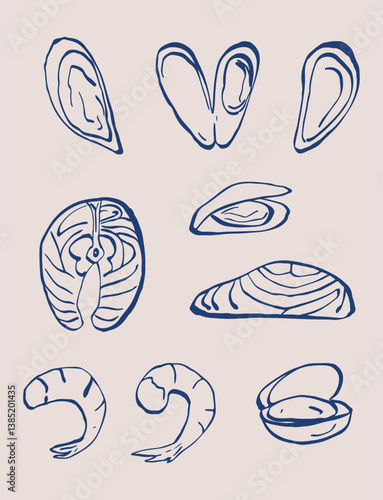 Seafood set of fish, shrimp, mussels in a simple doodle style