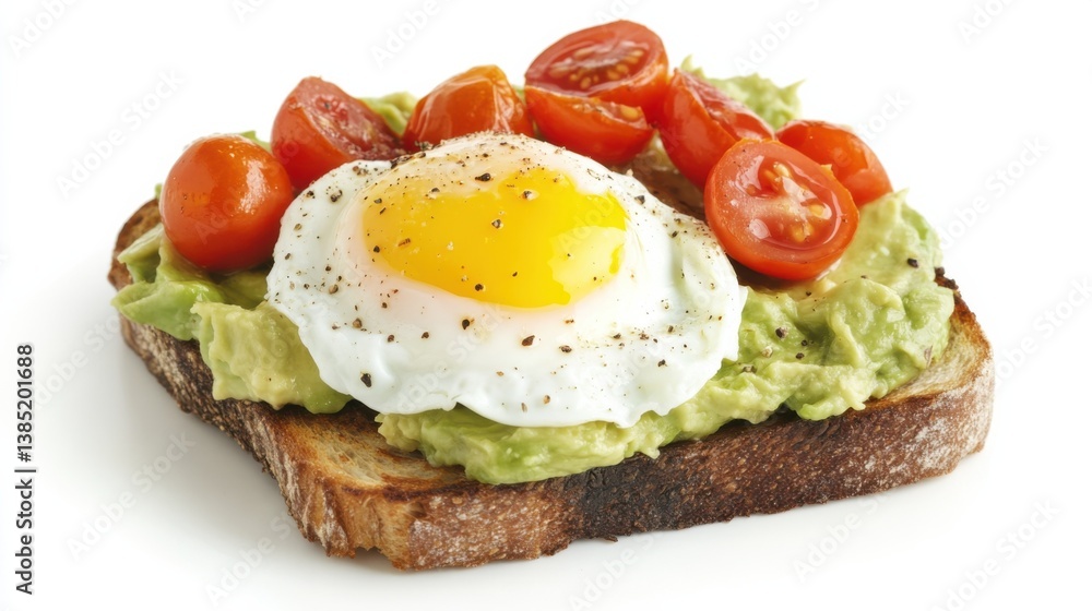 A fresh avocado toast topped with a poached egg and cherry tomatoes. Featuring freshness and flavor A fresh avocado toast topped with a poached egg and cherry tomatoes. Featuring freshness and flavor