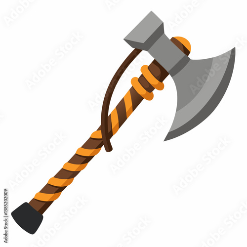 Axe with a wooden handle resting on a wooden surface, showcasing its craftsmanship and natural materials.