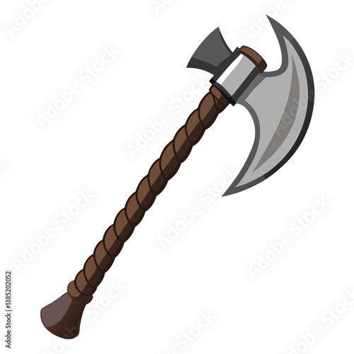 Axe with a wooden handle resting on a wooden surface, showcasing its craftsmanship and natural materials.