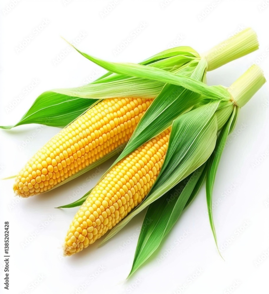 Fresh Corn on the Cob with Green Leaves Isolated on White Background Fresh Corn on the Cob with Green Leaves Isolated on White Background