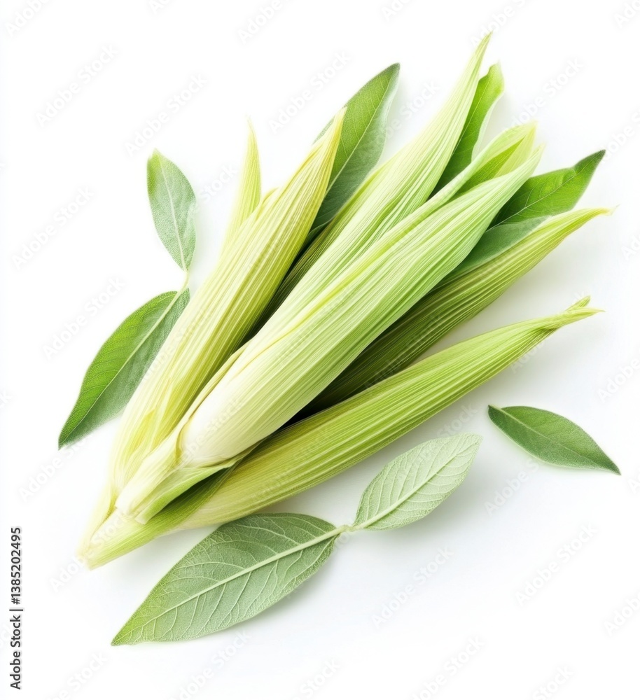 Fresh Green Corn with Leaves and Sage on White Background Fresh Green Corn with Leaves and Sage on White Background
