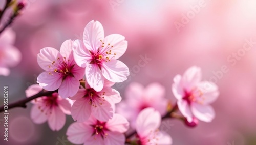 Delicate pink cherry blossoms, full bloom, soft petals , fabric, branch, romantic