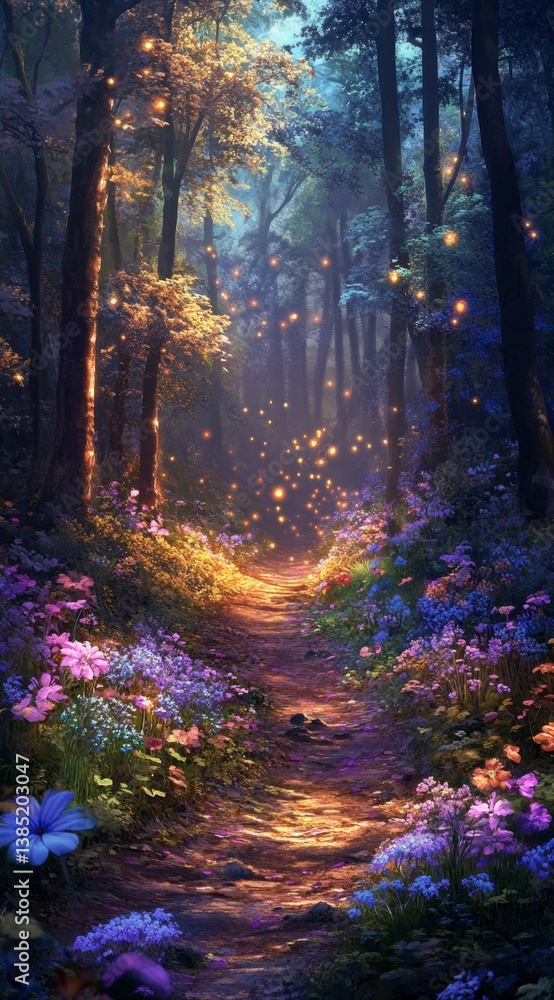 Obraz premium Enchanted Forest Pathway Adorned with Glowing Fireflies and Flowers