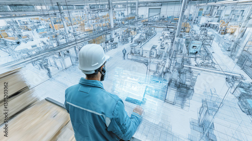 Manufacturing supervisor overseeing production line interface, quality control metrics, assembly automation, material flow tracking, efficiency optimization, maintenance scheduling  