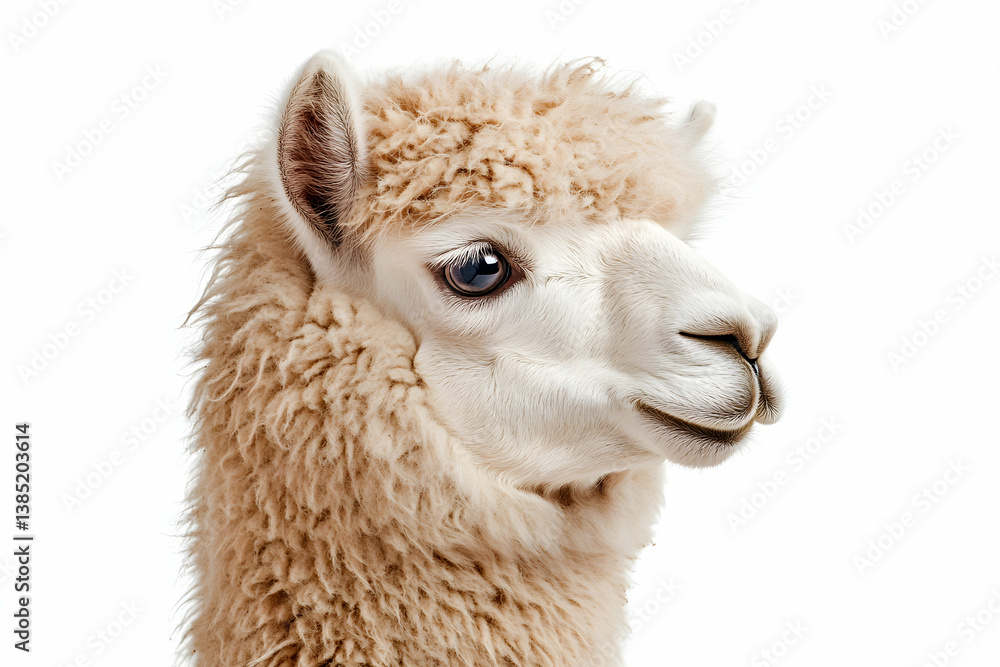 Obraz premium Close-up Portrait of a Fluffy Alpaca with a Curious Expression Against White
