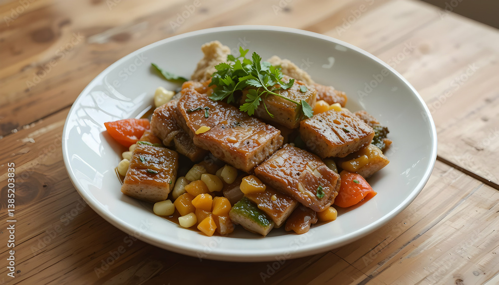 Delicious Seitan Dish with Vegetables on a White Plate Closeup Delicious Seitan Dish with Vegetables on a White Plate Closeup