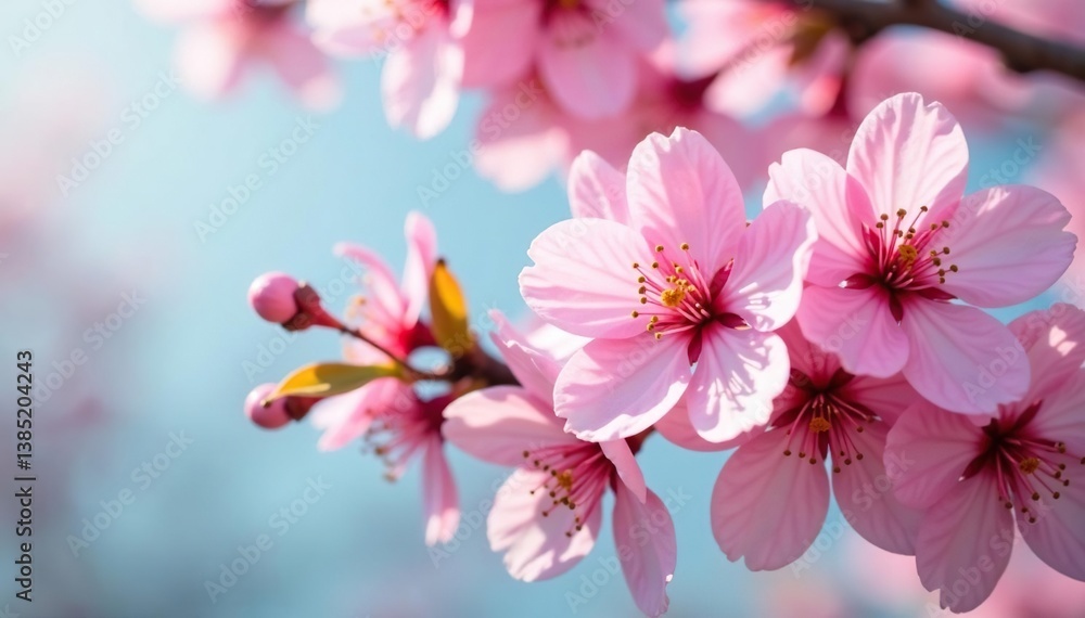 Fototapeta premium Delicate pink sakura blossoms, full bloom, overlapping petals , twig, sweet