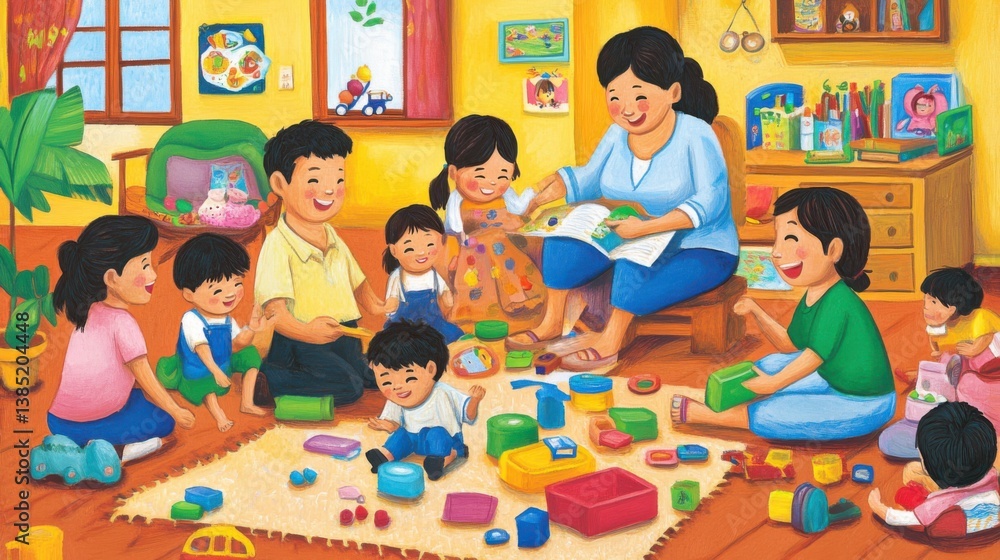 Fototapeta premium Family Bonding in a Colorful Playroom: Engaging Moments with Children as They Explore, Learn, and Create Together in a Cheerful Environment Full of Toys and Imagination