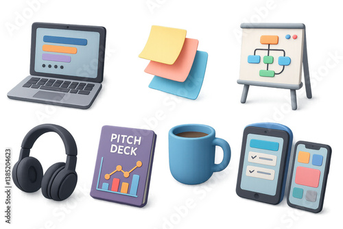 Essential 3d tech startup icons: laptop, smartphone, flowchart, headphones, sticky notes, pitch deck