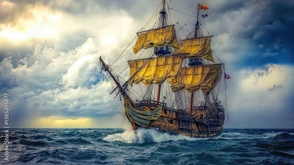 Obraz premium Majestic sailing ship navigating stormy ocean.