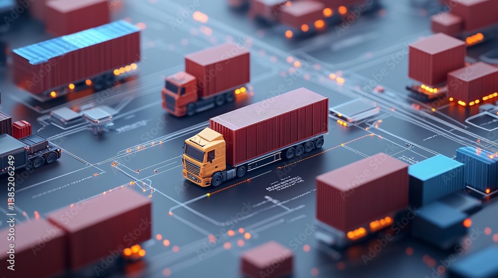 Trucks transporting goods are traveling on digital circuit board Trucks transporting goods are traveling on digital circuit board