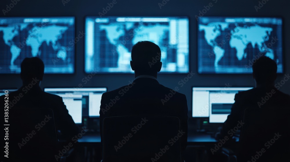 A group of people in suits are seated in front of multiple computer screens displaying global maps and data, set in a dimly lit environment. A group of people in suits are seated in front of multiple computer screens displaying global maps and data, set in a dimly lit environment.