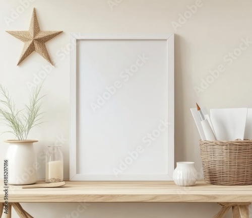 Minimalist Interior Scene with Empty Frame and Natural Decor Elements