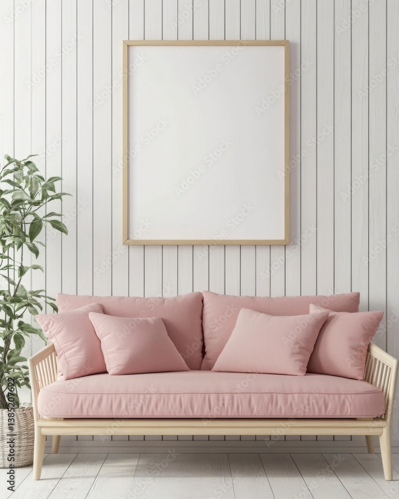 Fototapeta premium Cozy Pink Sofa with Throw Pillows Against a Simple Wall Background