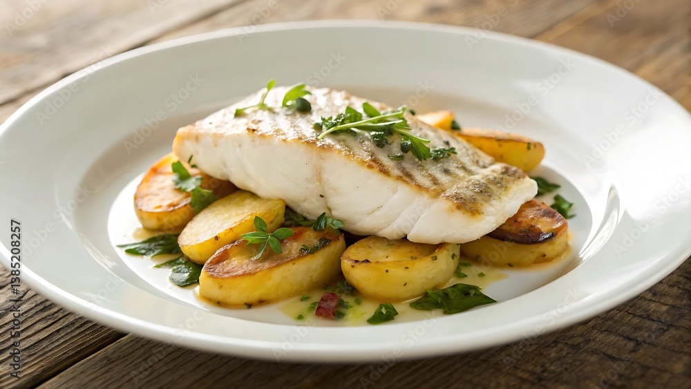 White Fish Fillet with Sliced Potatoes and Herbs on White Plate White Fish Fillet with Sliced Potatoes and Herbs on White Plate