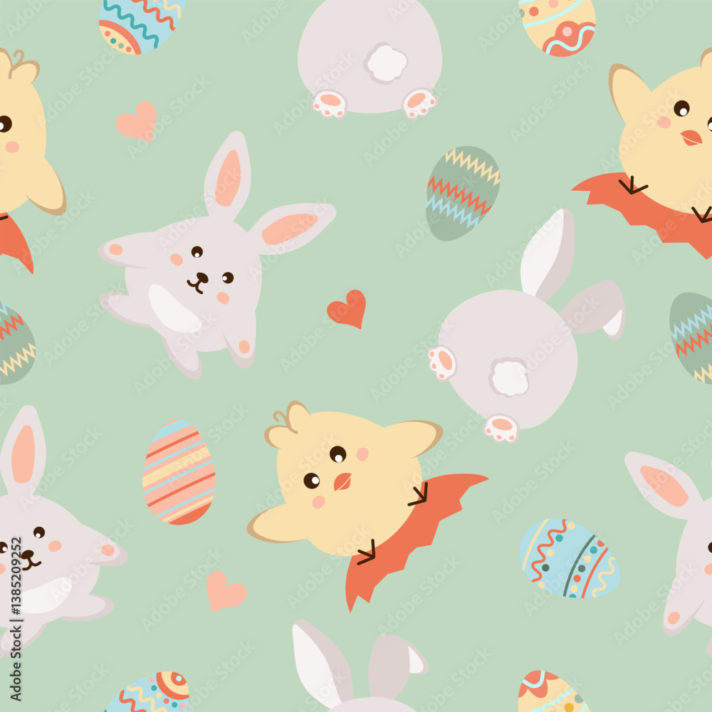 Happy easter. Seamless pattern with easter eggs, rabbit, chicken, heart on green background. Happy easter. Seamless pattern with easter eggs, rabbit, chicken, heart on green background.