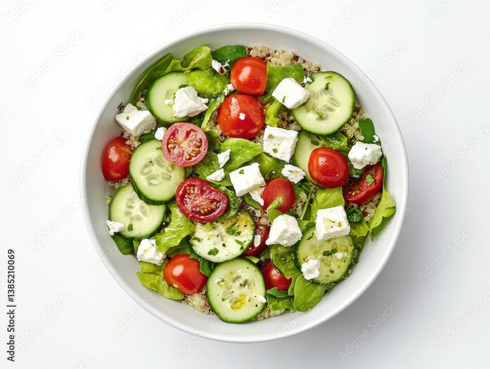 A fresh bowl of quinoa salad with cucumbers, tomatoes, and feta cheese. Featuring light and nutritious A fresh bowl of quinoa salad with cucumbers, tomatoes, and feta cheese. Featuring light and nutritious