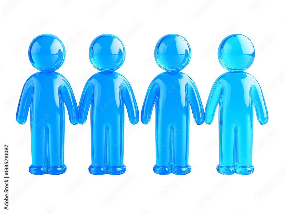Four glossy blue figures standing side by side holding hands, symbolizing unity, teamwork, and togetherness, smooth vibrant design, png file isolate on transparent background, cut out, close Four glossy blue figures standing side by side holding hands, symbolizing unity, teamwork, and togetherness, smooth vibrant design, png file isolate on transparent background, cut out, close