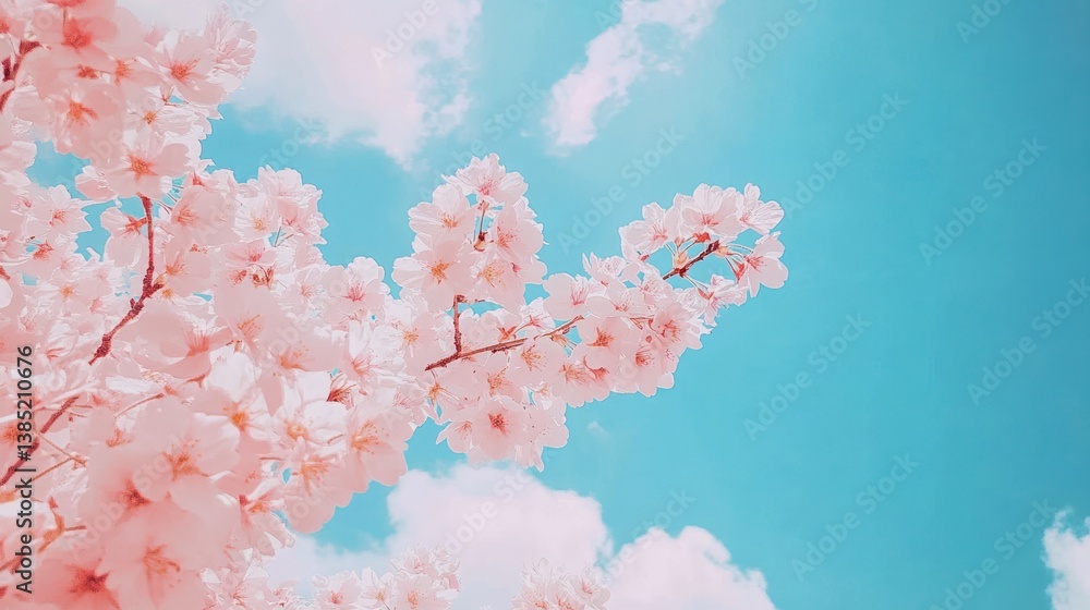 Pink Cherry Blossoms Against a Vibrant Sky. Possible Use Spring Background, Nature Photography Pink Cherry Blossoms Against a Vibrant Sky. Possible Use Spring Background, Nature Photography