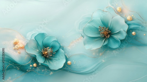 Delicate Teal Flowers on a Liquid Background