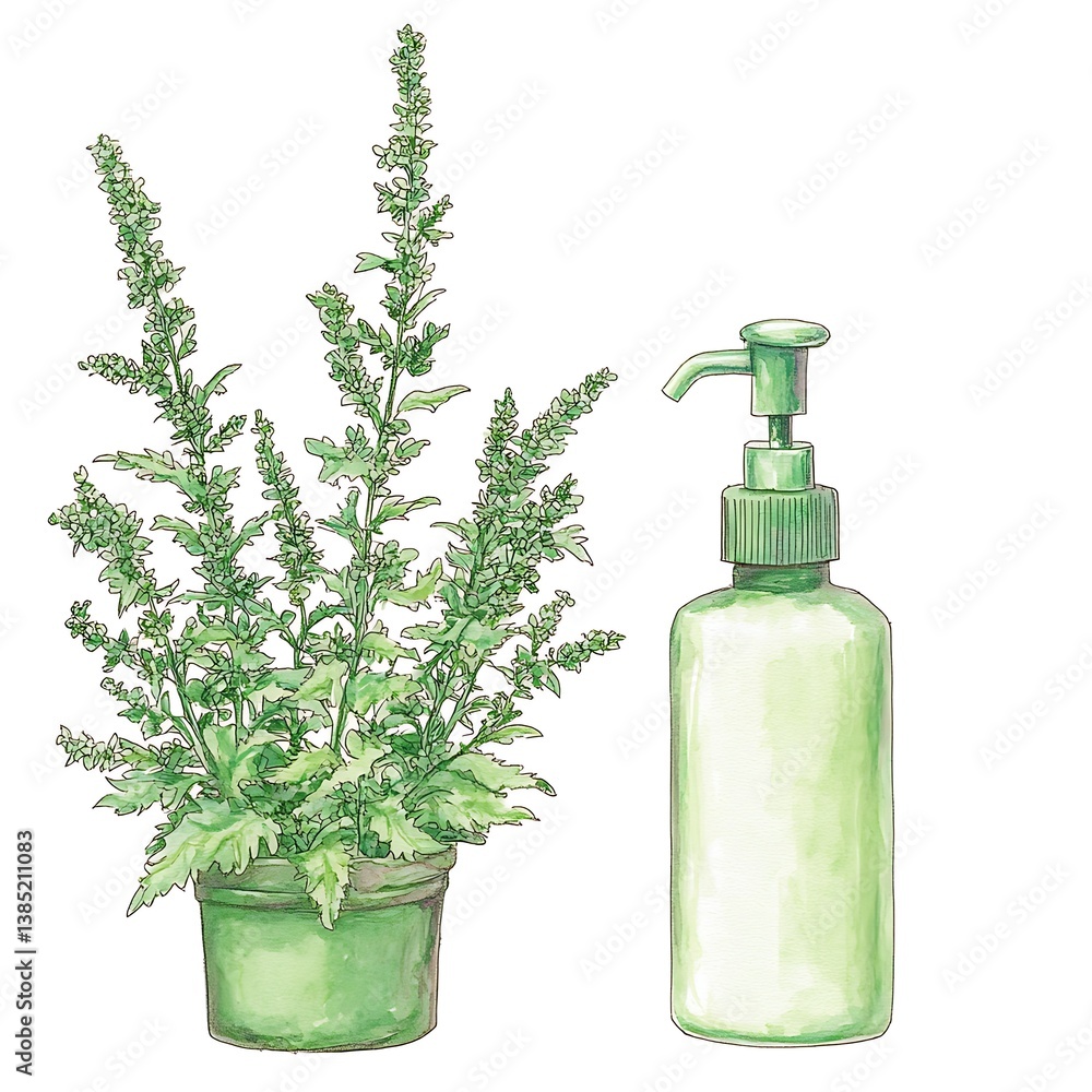 Herbal Plants in Pot and Green Dispenser Bottle - Natural Product Illustration. Herbal Plants in Pot and Green Dispenser Bottle - Natural Product Illustration.