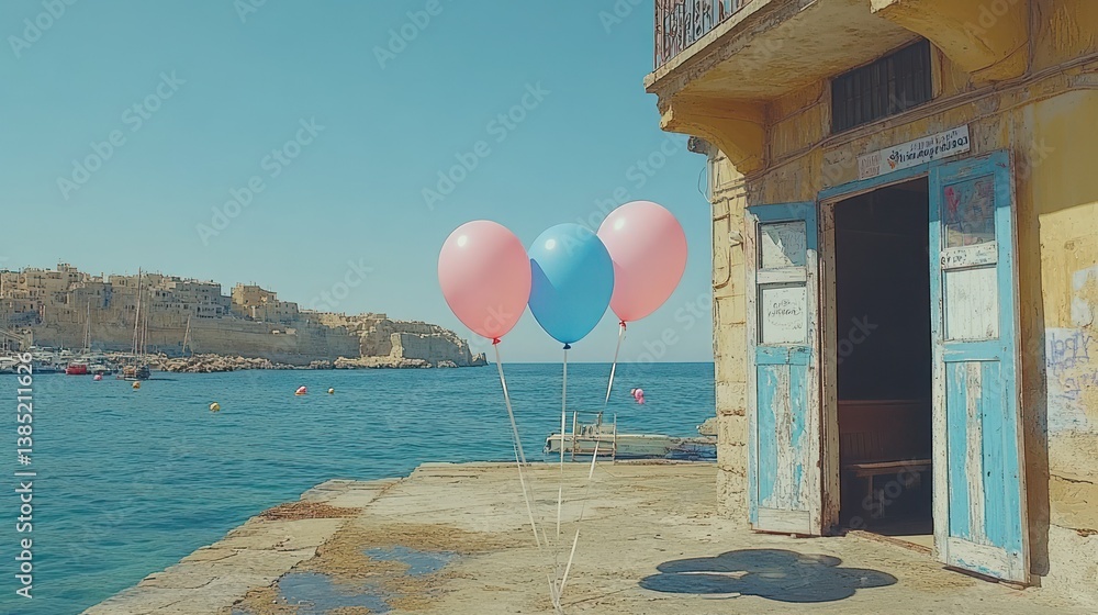 Naklejka premium Mediterranean Serenity: Balloons by the Sea