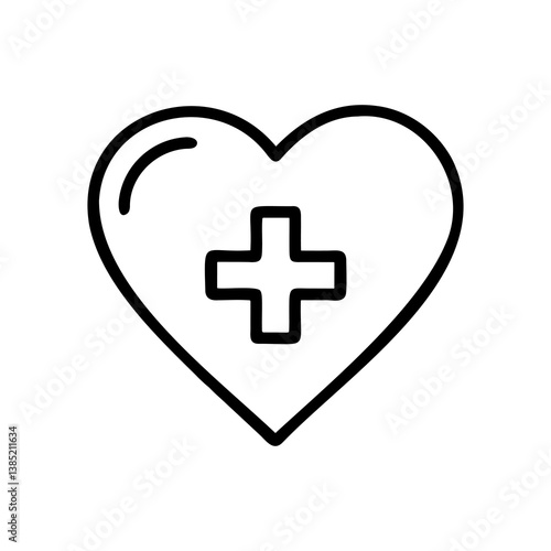 Monochrome line icon heart with medical cross symbol outline flat vector illustration for health care love concept