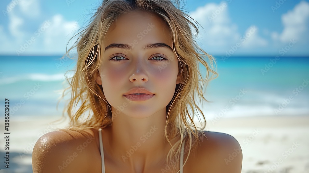 A lovely young lady is having a good time on a warm summer day on a white sand beach. Joy and liberty. frontal view A lovely young lady is having a good time on a warm summer day on a white sand beach. Joy and liberty. frontal view