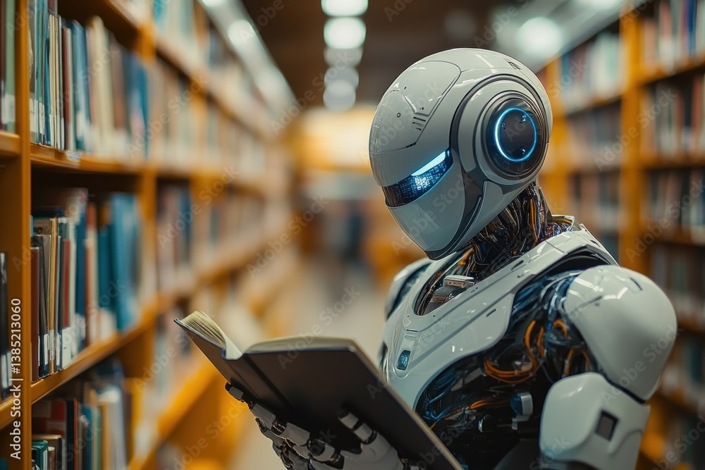 A humanoid AI robot focuses on reading a book in a library filled with shelves, highlighting topics related to tariffs and trade wars A humanoid AI robot focuses on reading a book in a library filled with shelves, highlighting topics related to tariffs and trade wars