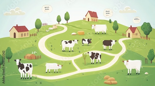 Cows on a Farmland Map, Grazing, Educational Illustration
