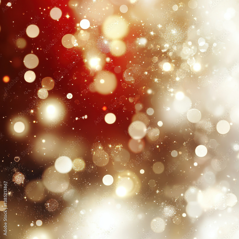 Obraz premium Golden bokeh lights on red and white gradient background, creating festive atmosphere, Blank background illustration with copy space for text or branding, Perfect Negative space with empty area
