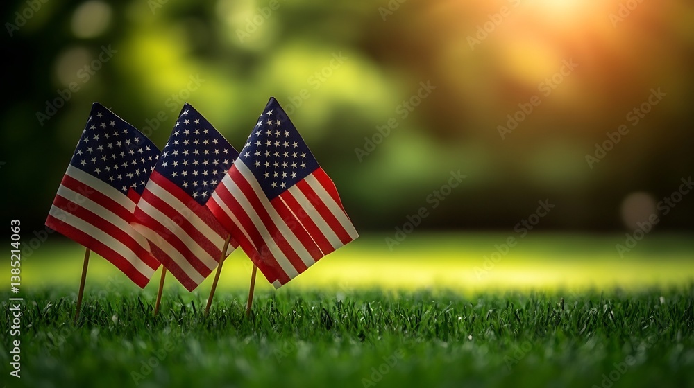 Patriotic display of three American flags in natural grass with bokeh backdrop Patriotic display of three American flags in natural grass with bokeh backdrop