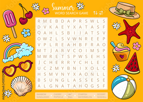 Summer word search puzzle game with cute cartoon drawings worksheet. Summer printable activities for learning English vocabulary. Educational game for children and adults. Summer cartoon clip art 