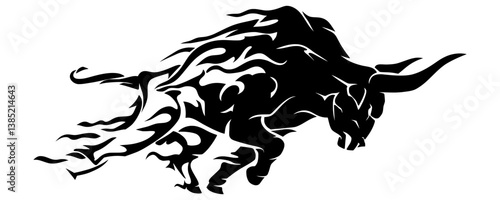 Black silhouette of a bull running with flame-like details.