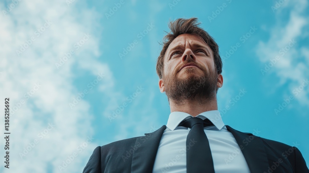 A man in a sharp suit projects strength and resolution while standing against a backdrop of bright blue skies, symbolizing ambition and confidence in his career. A man in a sharp suit projects strength and resolution while standing against a backdrop of bright blue skies, symbolizing ambition and confidence in his career.