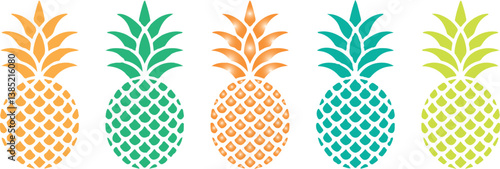 A vibrant collection of stylized pineapples, with each fruit displaying a unique blend of radiant hues, offering a playful nod to the tropics and its exotic delights.