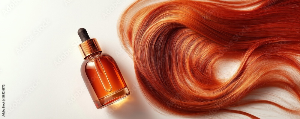 A sleek bottle of hair oil rests beside vibrant red hair, highlighting a focus on hair care and beauty. A sleek bottle of hair oil rests beside vibrant red hair, highlighting a focus on hair care and beauty.