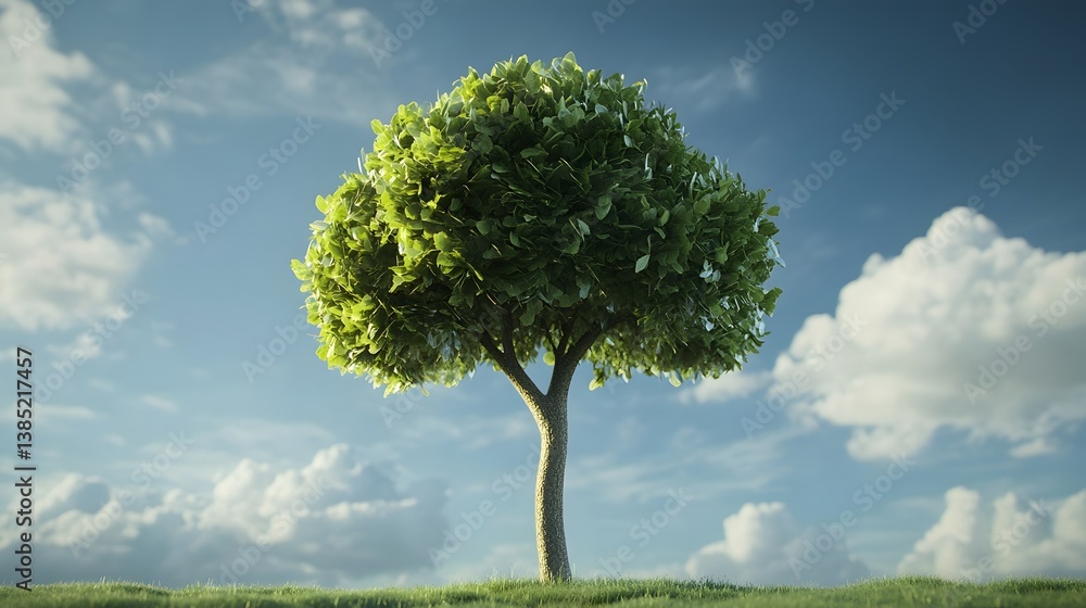 A vibrant green tree standing tall on a grassy hill against a backdrop of blue skies and fluffy clouds. This serene landscape captures the essence of nature and tranquility. A vibrant green tree standing tall on a grassy hill against a backdrop of blue skies and fluffy clouds. This serene landscape captures the essence of nature and tranquility.