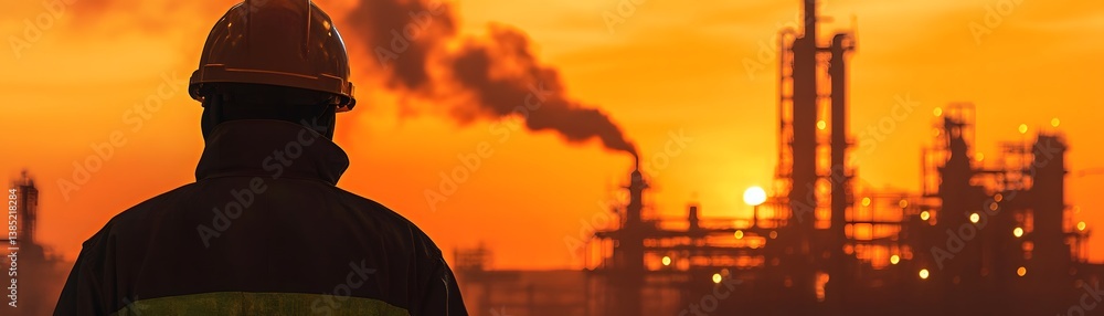 Fototapeta premium A worker observes an industrial landscape during sunset, with smoke billowing from factories, symbolizing the energy sector's challenges.