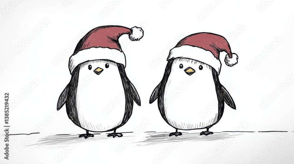 Fototapeta premium two hand-drawn penguins wearing festive red Santa hats.