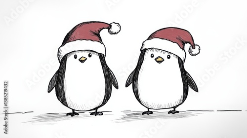 two hand-drawn penguins wearing festive red Santa hats.