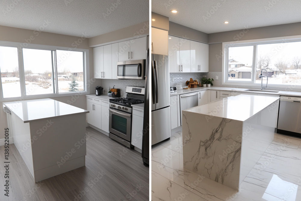 Before and after look at a renovated kitchen showcasing modern design and enhanced functionality in a suburban home Before and after look at a renovated kitchen showcasing modern design and enhanced functionality in a suburban home